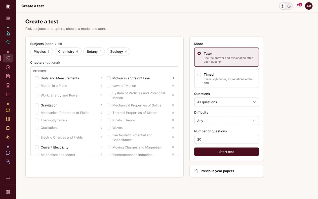 The test builder with subjects, chapters and the tutor or timed choice.