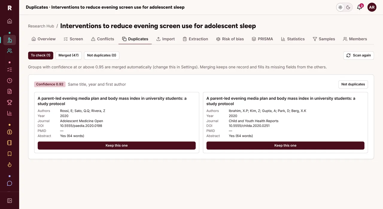 Two possible duplicate records shown side by side with a 0.92 confidence score.