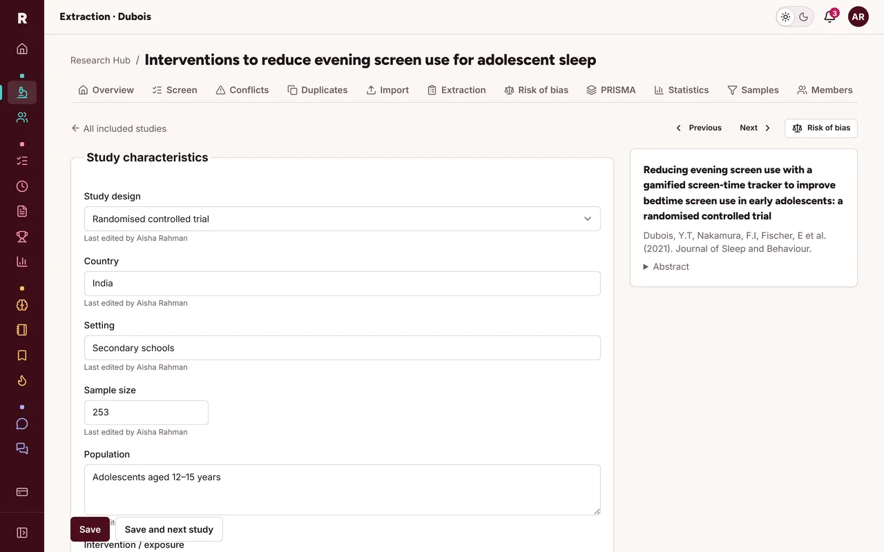 The data extraction form for one included study: study design, country, setting, sample size and population.