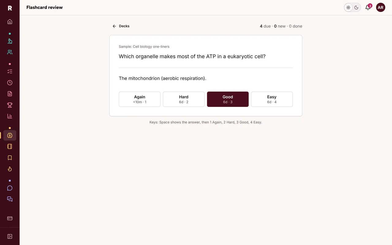A flashcard showing its answer, with Again, Hard, Good and Easy buttons and the next interval on each.