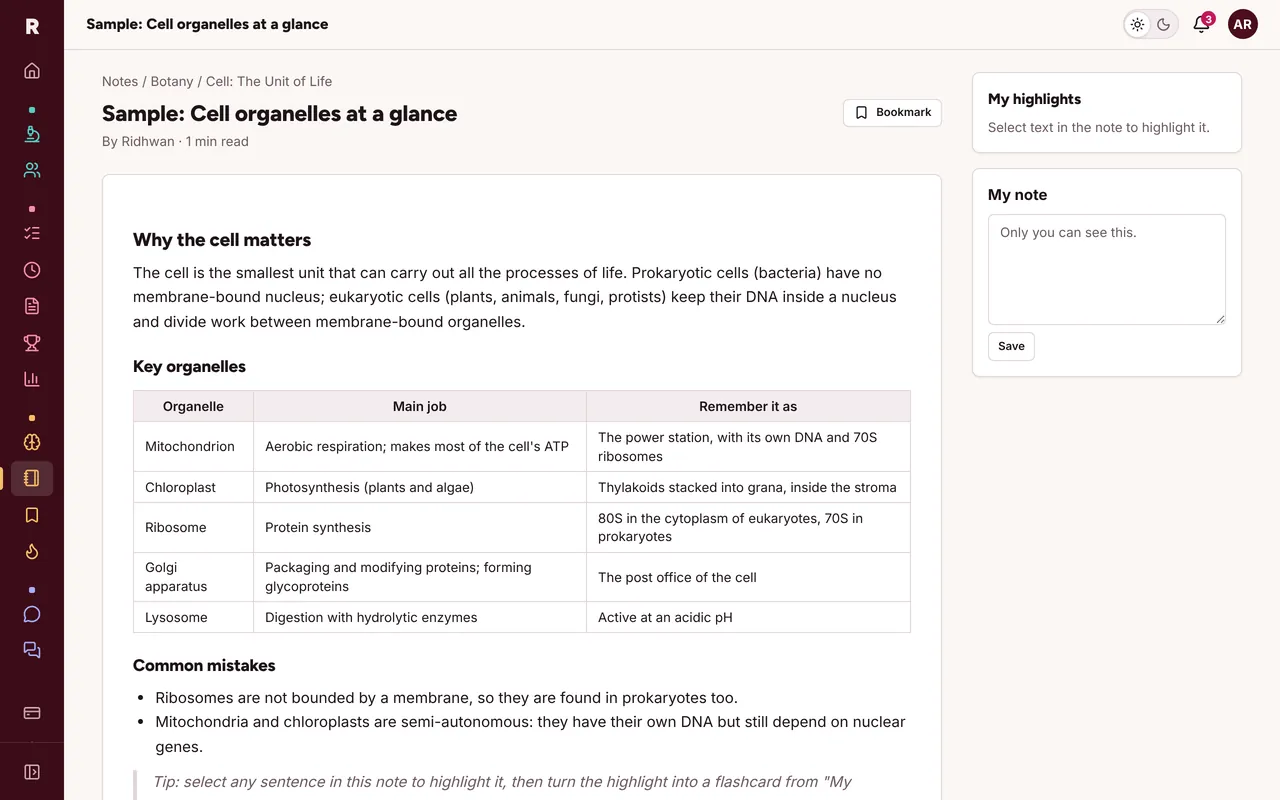 A chapter note with a table of cell organelles.