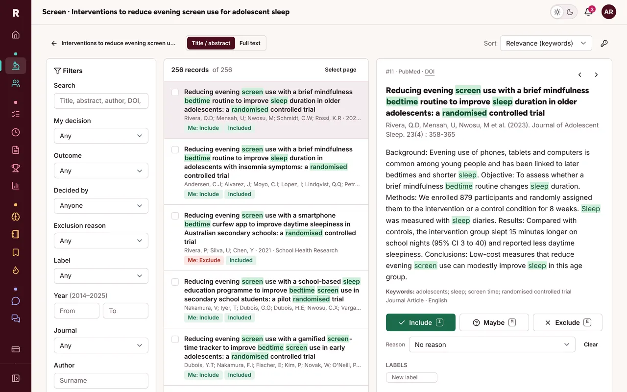The screening workbench: filters on the left, a list of records with each reviewer's decision, and the selected record's abstract with include, maybe and exclude buttons.